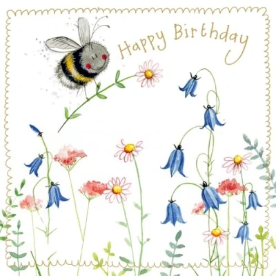 Image of Alex Clark Happy Birthday Foil Card Bee and Wildflowers Flowers Nature Daisies Greeting Cards To Celebrate Designed Printed in the UK…