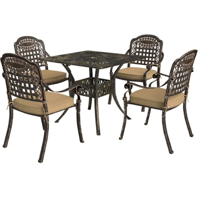 Image of Outsunny 5 Pieces Cast Aluminium Garden Dining Set, 4 Seater Table and Chairs with Parasol Hole, Outdoor Furniture Set Cushions for Patio, Bronze Tone