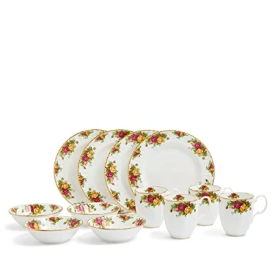 Image of Royal Albert Tableware Set, Made with Fine Bone China, Old Country Rose Breakfast Floral Patterns and Gold Details, 12pcs