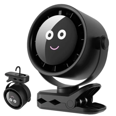 Image of HiLUNDA USB Small Desk Fan 4000 mAh Portable Fans with LED Display, 5 Speed Control can Rotated Horizontally and Vertically by 360, Hanging Clip on Rechargeable