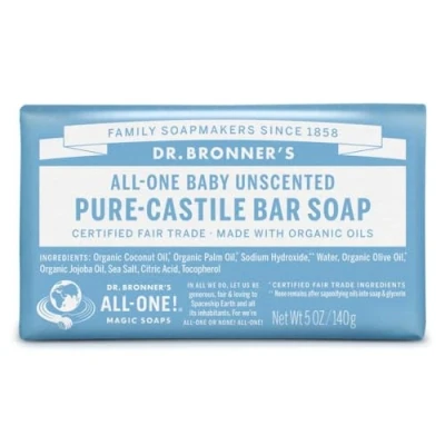 Image of Dr Bronner&#039;s 3 in 1 Baby Unscented Pure Castile Bar Soap, Made with Organic Oils No Synthetic Fragrances, Used for Face, Body and Hair, Certified Fair Trade &amp; Vegan Friendly, 140g