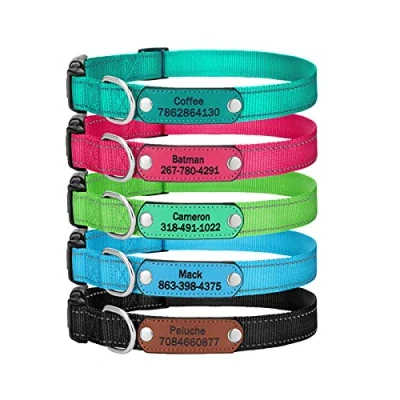 Image of Reflective Engraved Dog Collars ,Personalized Custom Nylon Collar ,5 Colors , Adjustable for Puppy Small Medium Large Dogs