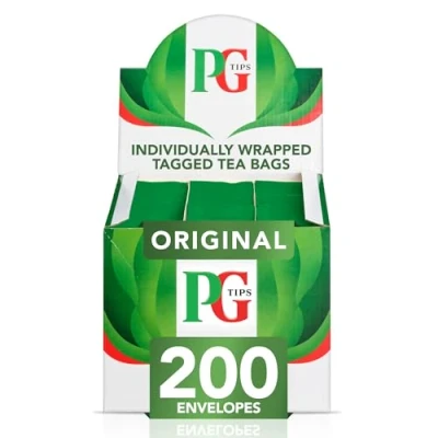 Image of PG Tips Original, Black Tea Bags Bulk, Individually Wrapped String &amp; Tag Teabags, Signature Taste, Refreshing Flavourful, 200 Plant Based Biodegradable Envelopes