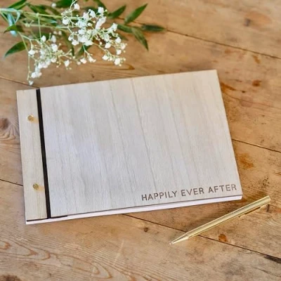 Image of Ginger Ray Wooden &#039;Happily Ever After&#039; Wedding Guest Book with 32 Blank Pages, Neutral