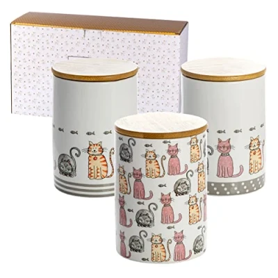 Image of SPOTTED DOG GIFT COMPANY Canister Sets for Kitchen, Ceramic Kitchen Canisters with Airtight Lids, Tea Coffee Sugar Containers, Novelty Cat Accessories Gifts Lovers (1.2L, Set of 3)