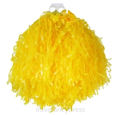 Image of Jumbo Cheerleader Pom Poms 1 Yellow Tasseled Pompoms with Finger Grip USA American Dance School Fancy Dress Costume Accessory