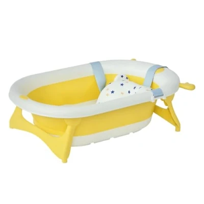 Image of HOMCOM Foldable Baby Bathtub Set, Collapsible Bath Tub with Thermostatic Water Plug, Non Slip Support, Cushion Pad, Drain Plugs, for Newborn to 3 Years Yellow