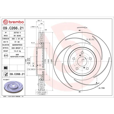 Image of 435120W100 Brake disc BREMBO 09.C266.21 380mm 34mm 5 internally vented, slotted Coated High carbon LEXUS: RC, GS IV