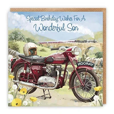 Image of Hunts England Vintage Motorbike Son Birthday Card Steam Train Countryside Classic Motorcycle Stunning Artistic Adult Milo&#039;s Gallery Collection