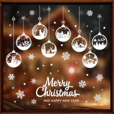Image of 5 Sheets Christmas Window Cling Snowflake Stickers Reusable Xmas Ball Clings for Winter Decorations Party Ornaments