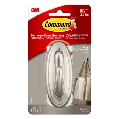 Image of Command Large Traditional Hook, Holds up to 5 lb, 1 Wall Hook with 2 Strips, Brushed Nickel Color, Organize Damage Free No Tools Hooks for Hanging Decorations in Living Spaces