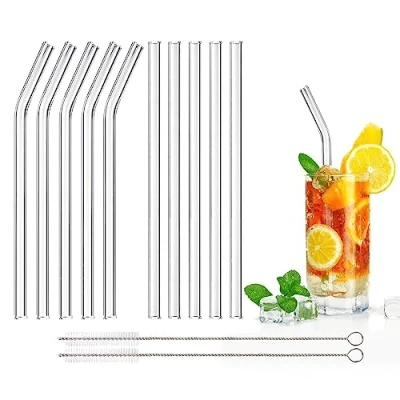 Image of DONQL 10 Pcs Glass Straws Reusable Straw Drinking with 20cm Length Eco Friendly Transparent Clear 2 Cleaning Brushes for Milk Coffee Coctail(Curved &amp; Straight)