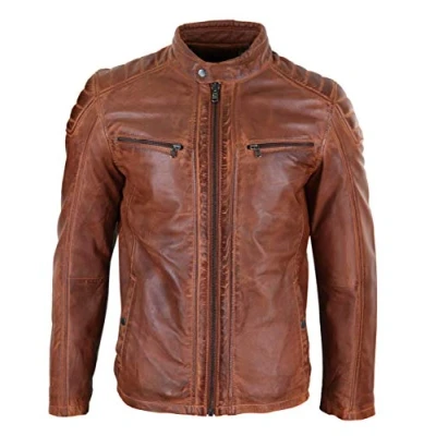 Image of Mens Real Leather Jacket Tailored Fit Biker Zipped Smart Casual Retro Vintage Tan Brown 4XL