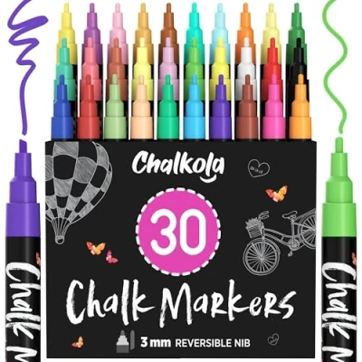 Image of Fine Tip Chalk Pens (30 Pack Neon &amp; Pastel) Markers Dry Erase Marker for Blackboard, Chalkboards Signs, Windows, Bistro 3mm Reversible