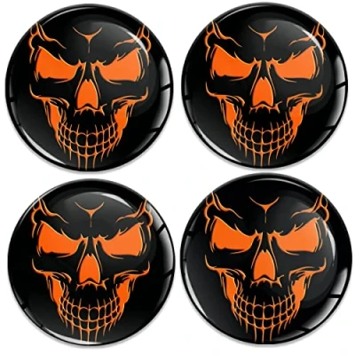Image of Biomar Labs 4 x 60 mm Sticker 3D Silicone Skull Orange for Hub Caps Wheel Cover A 7460