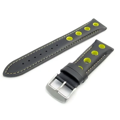 Image of Sporty Grand Prix Style Padded Leather Watch Strap Coloured Holes/Vents &amp; Stitching 22mm (Yellow)