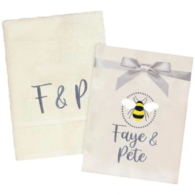 Image of Personalised Bumble Bee Couple Embroidered Cream Hand Towel &amp; Kitchen Tea Set