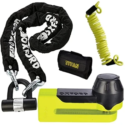 Image of Oxford Security Products OF159 1.5m Heavy Duty Chain Lock + OF51 Titan Bicycle Motorbike Motorcycle Disc and Pouch Yellow FREE Reminder