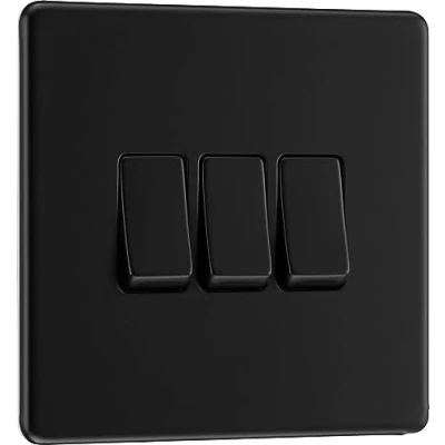 Image of BG Electrical Triple Wall Light Switch, 2 Way, Screwless Front Plate, Slim Profile, Premium Flatplate, Matt Black, 20A, 16AX, FFB43