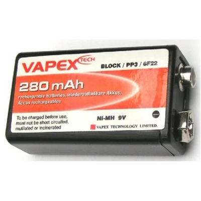 Image of VAPEX PP3 9V 280mAh NiMH rechargeable battery, includes case.