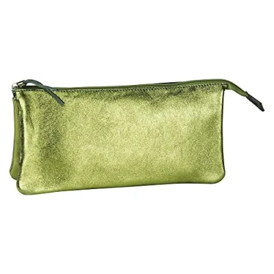 Image of Clairefontaine Ref 400023C Cuirisé&#039; Leather Large Pencil Case With 2 Compartments 22 x 11cm, Made From Genuine Lambskin Leather, Metal Zip Puller Green