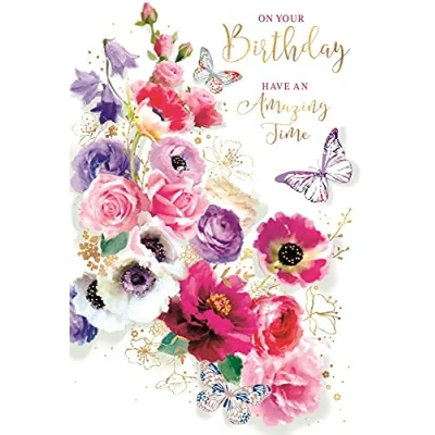 Image of Open Female Birthday Card Pink White Lilac Flowers Butterflies &amp; Foil 7.75x5.25&quot;