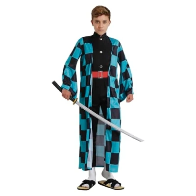 Image of FIESTAS GUIRCA Manga Warrior Boy Fancy Dress Costume Swordsman Outfit Blue and Black Checked Kimono for Teenagers 14 16 Years