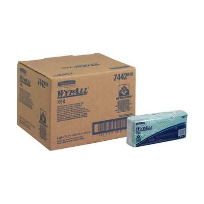 Image of WypAll X50 Colour Coded Cleaning Cloths 7442 Green Wiping 6 Packs x 50 Interfolded (300 total)