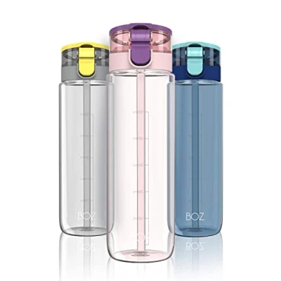 Image of BOZ BPA Free Plastic Water Bottle with Straw Lid, 600 mL / 20oz, Leak Proof Travel Bottle, For Gym, Hiking, Bicycle, Workout, Easy Carry Handle (Pink)