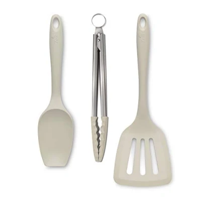 Image of Zeal JSET27C Non Stick Silicone Spatula Spoon, Cooking Tongs &amp; Turner 3 Piece Set Cream