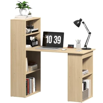 Image of HOMCOM 120cm Modern Computer Desk Bookshelf Study Table Workstation PC Laptop Writing Home Office 6 Shelves, Natural Wood Finish