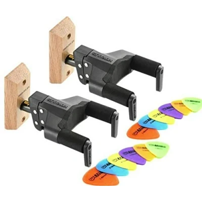 Image of 2x HERCULES Stands GSP38WB PLUS AGS Guitar Wall Hanger with Wood Base &amp; 12 Complimentary Plectrums