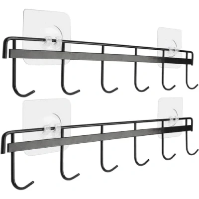 Image of YiZhi Adhesive Wall Hooks Rack Kitchen Rail, Space Saving Utensil Holder No Drilling Mounted Accessory Hanger with 6 for Bathroom Bedroom Pack of 2 (Black)