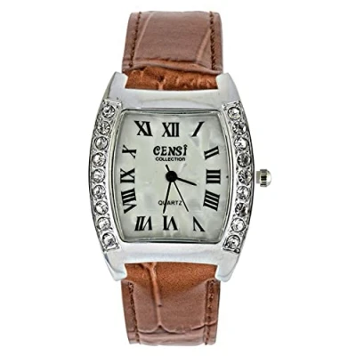 Image of Censi Women&#039;s Silver Diamante Bezel PU Leather Strap Analog Wrist Watch, Roman Numbers, Japanese Quartz, Buckle Clasp (Black)
