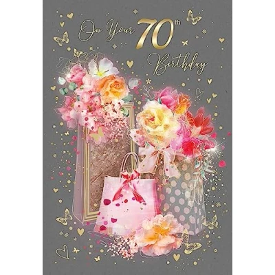 Image of Cherry Orchard 70th Happy Birthday Card with Present and Flowers Design Gold Foil Details Envelope from