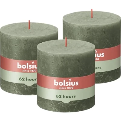 Image of Bolsius Rustic Pillar Candle XXL Dark Green Pack of 3 Long Burning Time 62 Hours Household Interior Decoration Unscented Includes Natural Vegan Wax No Palm Oil 10 x cm