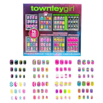 Image of Townley Girl 96 Pcs Stick On Nails Set 3D and Glow In Dark Press Nail Sets for Girls Self Adhesive Artificial
