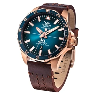 Image of Vostok Europe Men&#039;s Watch with Stitched Vintage Leather Band N1 Rocket Automatic 20 ATM SII NH35A Date, 225b616 Rose / Petrol Brown