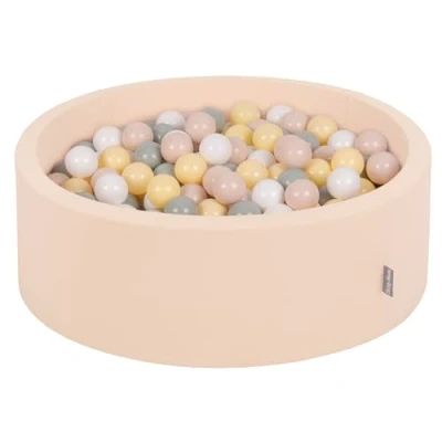 Image of KiddyMoon Soft Ball Pit Round 90X30cm/200 Balls ∅ 7Cm/2.75In For Kids, Foam Pool Baby Playballs, Beige: Pastel Beige/Green Grey/Pastel Yellow/White