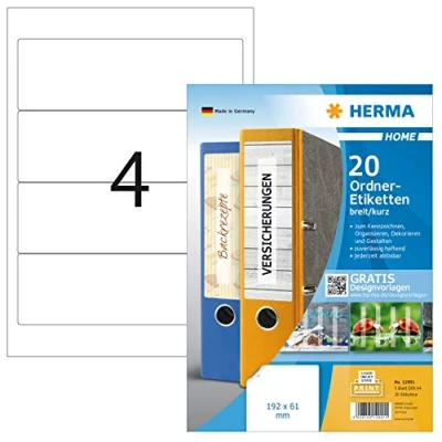 Image of HERMA Self Adhesive Removable Spine Labels, 4 Labels per A4 Sheet, 5 Sheets, 192 x 61 mm, 20 Blank Lever Arch File Folder Stickers, Sticky for Laser &amp; Inkjet Printer, White