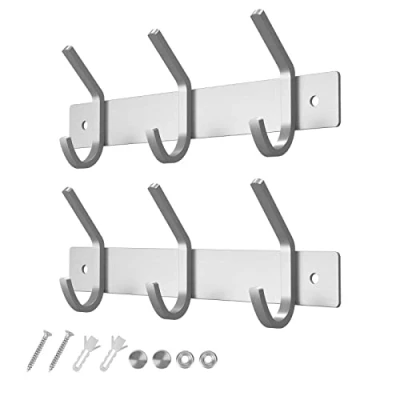 Image of Dripex Coat Hook Rack Wall Mounted 304 Stainless Steel Hanger Heavy Duty Clothes Hat Holder (3 Hooks 2 Pack)