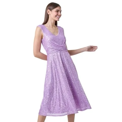 Image of Roman Originals Sequin Wrap Detail Midi Dress for Women UK Ladies Everyday Holiday Spring Summer V Neckline Comfy Soft Evening Vacation Work Party Lilac Size 12