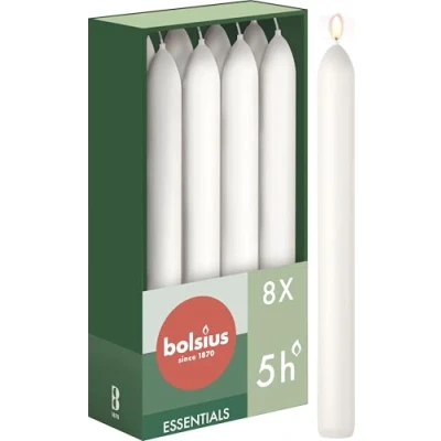 Image of Bolsius Tapered Dinner Candles White 8 Pack 17 cm Long Burning Time of 5 Hours Unscented Includes Natural Vegan Wax Without Palm Oil