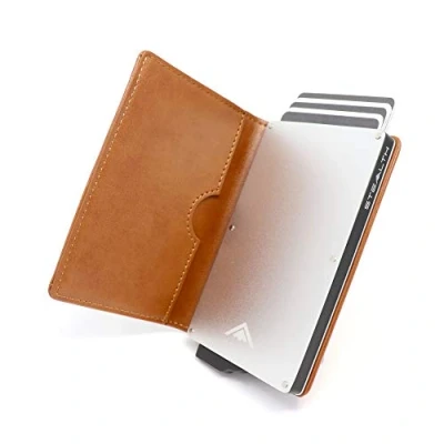 Image of Stealth Wallet RFID Card Holder Smart Minimalist Pop Up Wallets with Gift Box Slim Lightweight Metal Credit Holders for Men &amp; Contactless Protector (Silver Aluminium, Tan Leather)