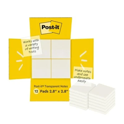 Image of Post it Transparent Notes, Pack of 12 Pads, 36 Sheets per Pad, 73 mm x mm, Translucent Repositionable Notes for Students, Making in Textbooks While Studying