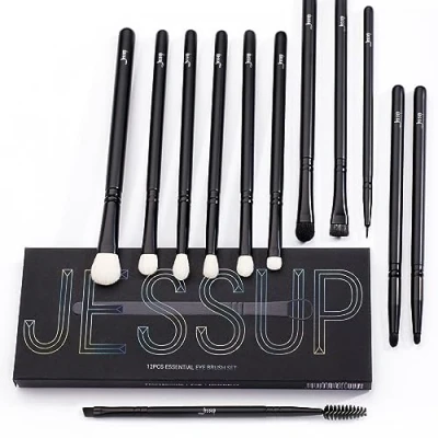 Image of Jessup Eyeshadow Brush Set 12pcs Black Eye Makeup Brushes Professional with Natural Synthetic Hair for Eyebrow Eyelash Eyeliner Spoolie Blending, T322