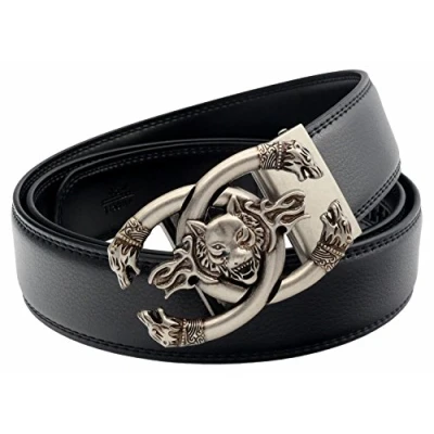 Image of QHA Mens Ratchet Leather Belts for Men Jeans Dress Wolf Automatic Belt Buckle Q19 Silver Black 30&quot; 36&quot;