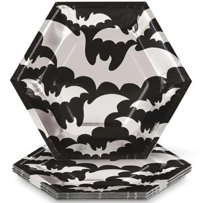 Image of Unique 23651 Foil Stamped Hexagonal Paper Plates 21 cm Silver Bats Halloween Party 8 Count (Pack of 1), Multicolour
