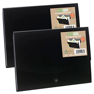 Image of eco A4 50% Recycled 7 Clear Pocket Black Cover Accordion Expanding File Organiser Document Folder Printed Index Tabs, (Pack of 2) eco083 eco083x2