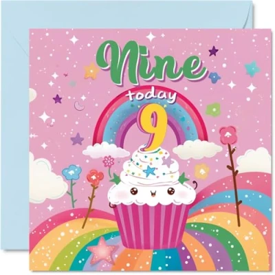 Image of 9th Birthday Card Girl Cupcake Rainbow Happy for 9 Year Old Girl, Age Girls Cards Ninth Card, 145mm x Bday Greeting